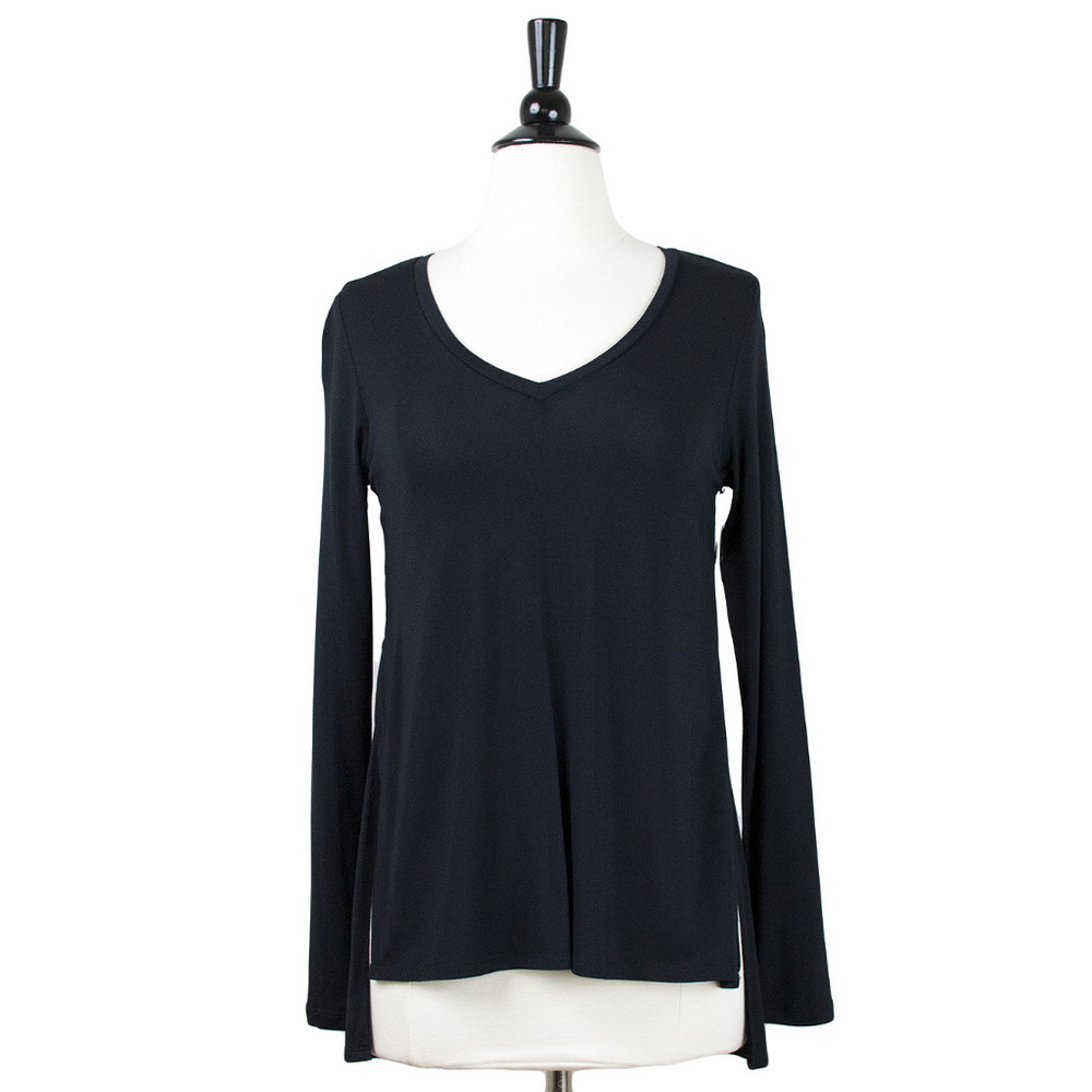 LAST CHANCE: DEX | Black Viscose Side Slit V-Neck Long Sleeve Tee, NWT